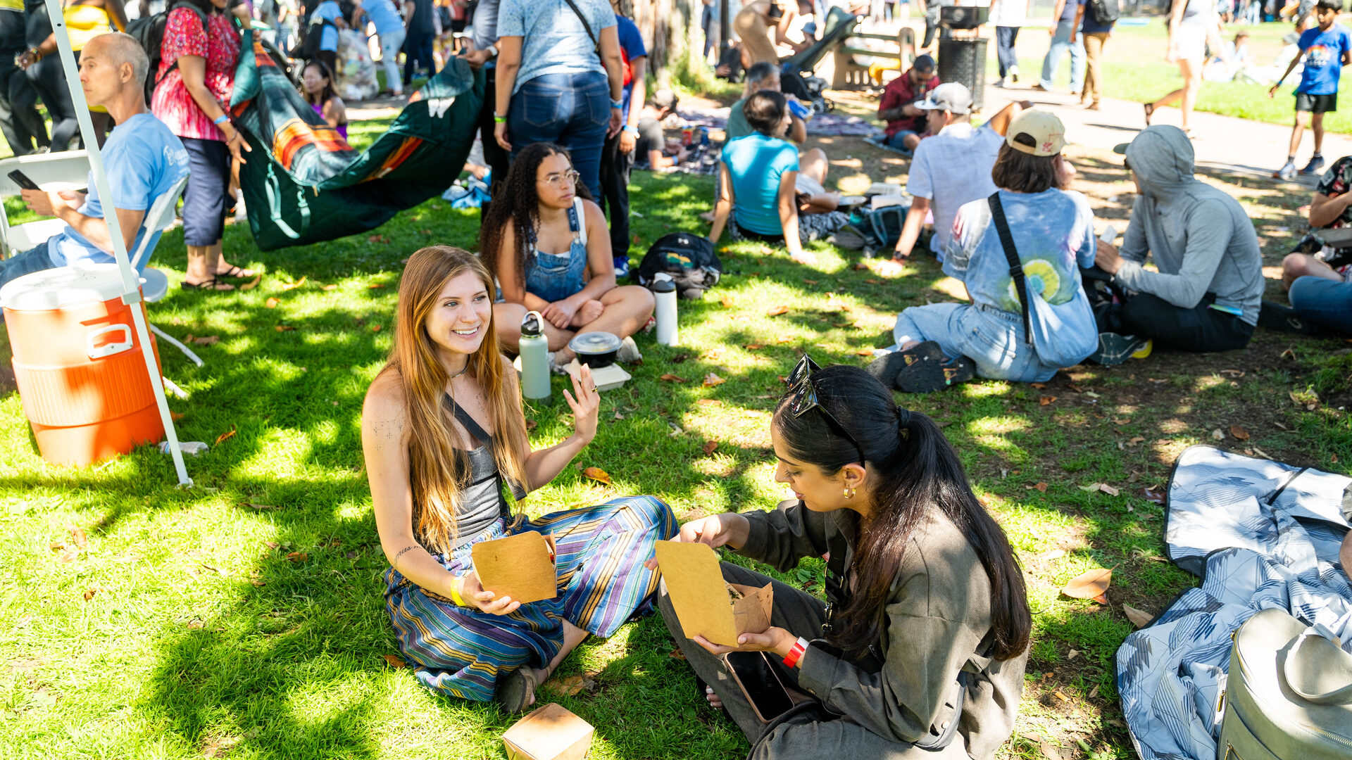 Bizerkeley Food Fest — festival-goers enjoying vegan takeout on the grass